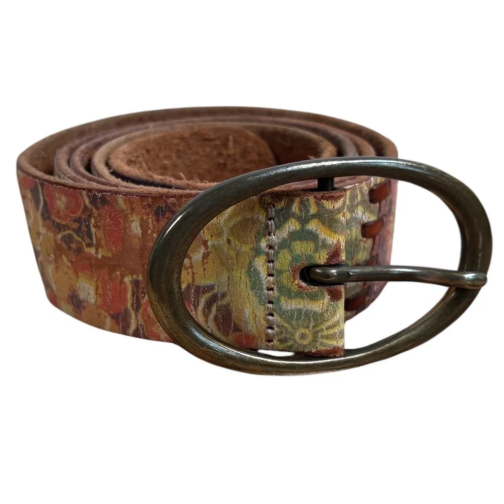 Fossil Womens Large Floral Tapestry Leather Whipstitch Belt BT2908998 Multicolor